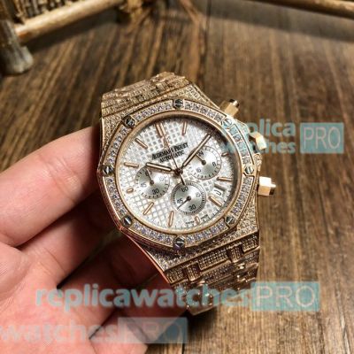 Copy Audemars Piguet Royal Oak White Chronograph Dial Gold Diamond Watch